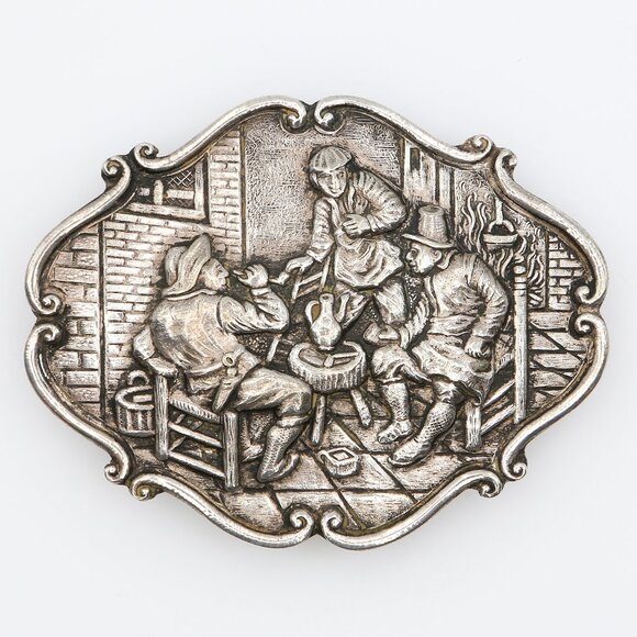 Victorian Holland Repoussé Tavern Scene Brooch Dutch Silver Tone Folk Art Pin - Picture 1 of 4
